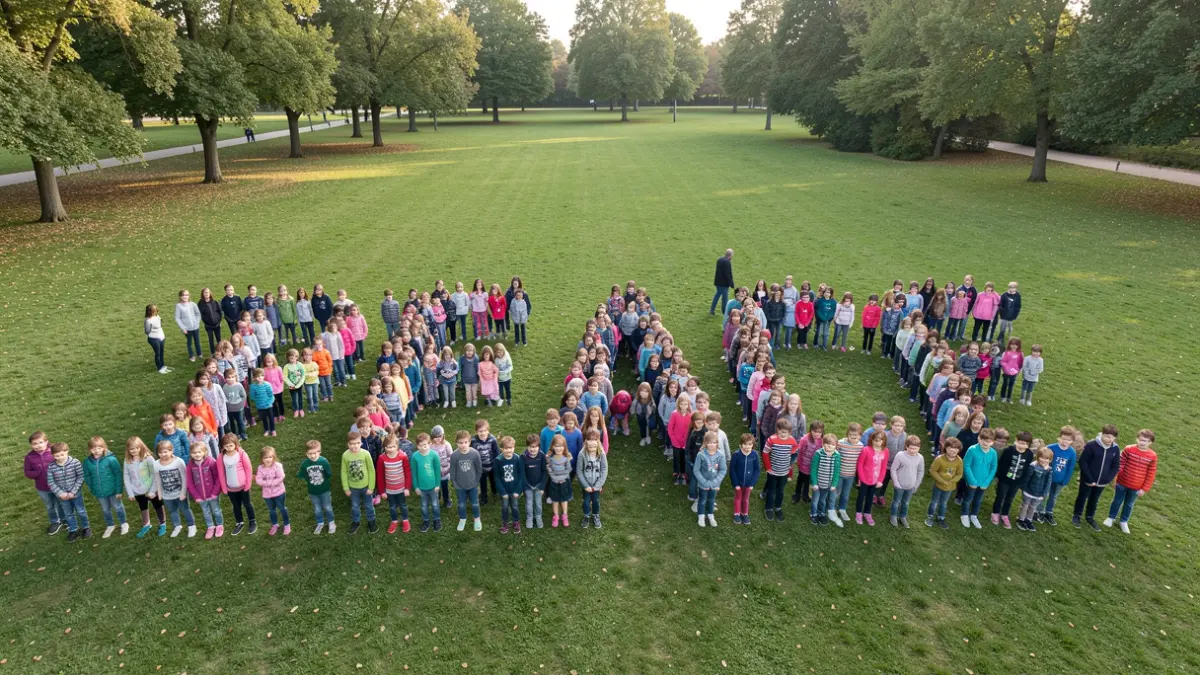 Cent enfants formant le mot « PAIX » dans un parc à Charleroi, Belgique, vus du ciel.