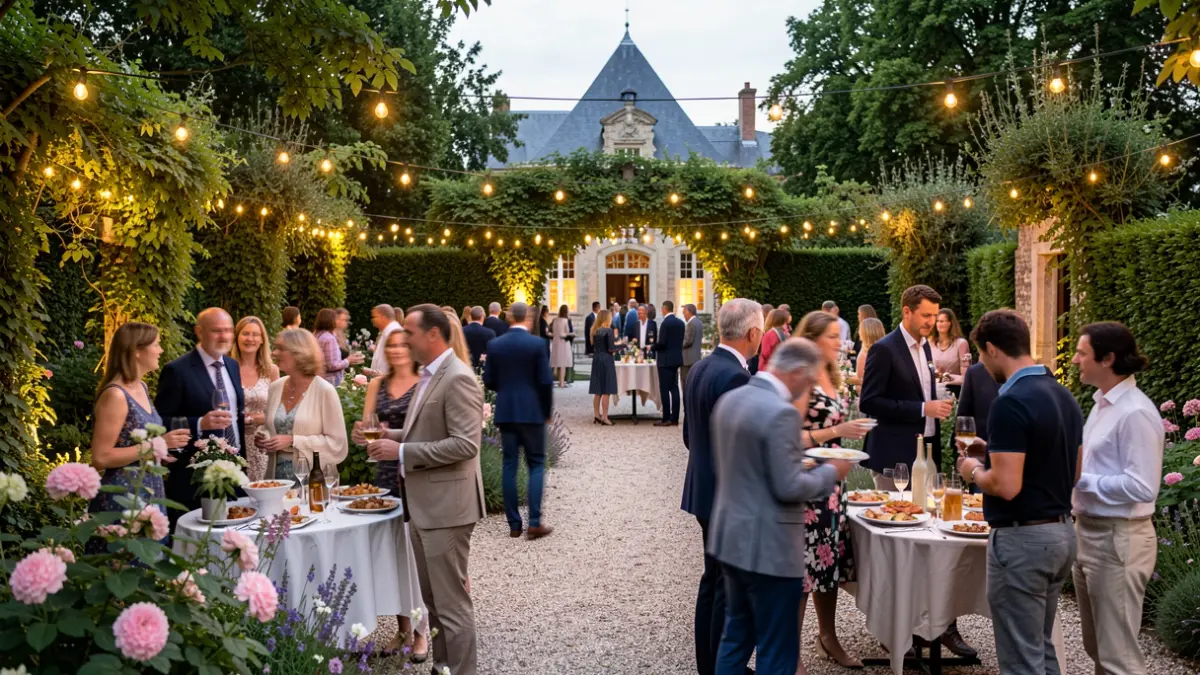 Image d'une garden party conviviale au Domaine d'Arondeau à Péruwelz, avec des participants en train de réseauter et de profiter de l'ambiance.