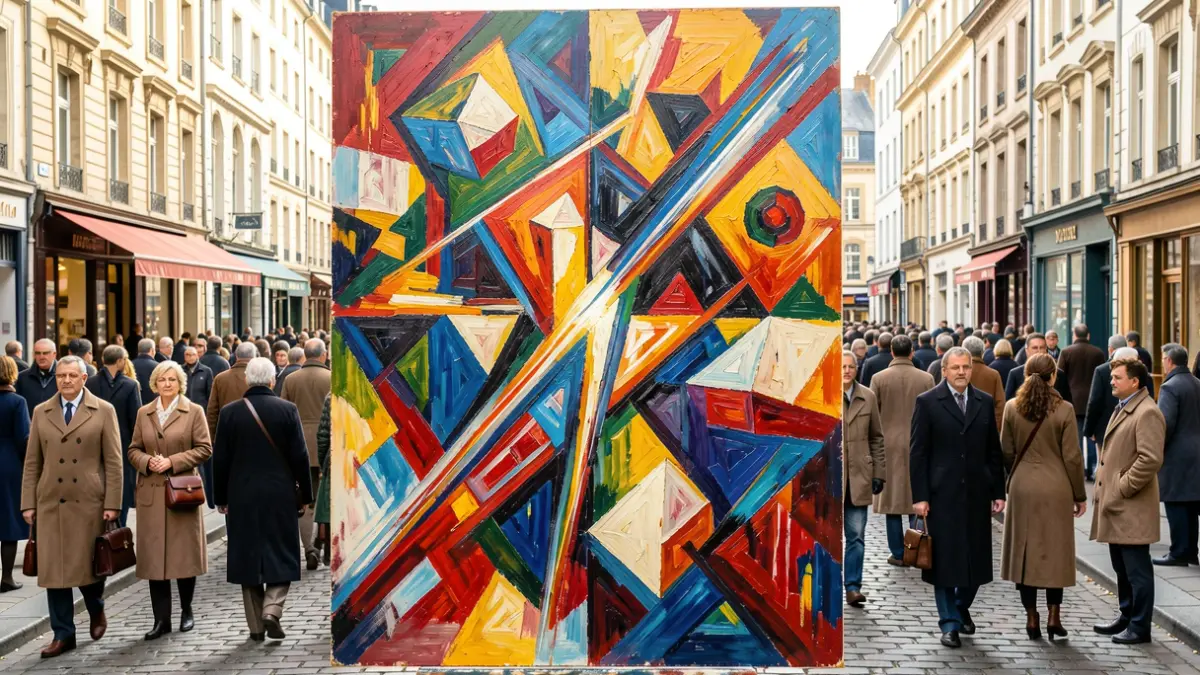 Abstract painting with geometric shapes and vibrant colors, evoking movement and light, in the style of early 20th-century Belgian art.