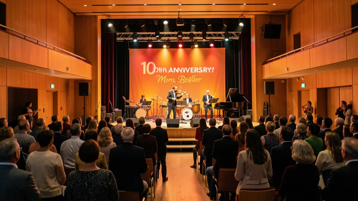 Modern concert hall in Mons during a musical event celebrating an anniversary.