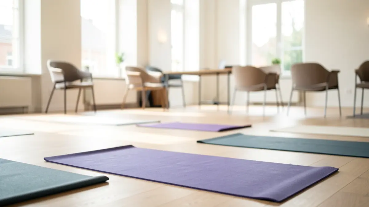 Bright room in a Hainaut cultural center with yoga mats and natural light.