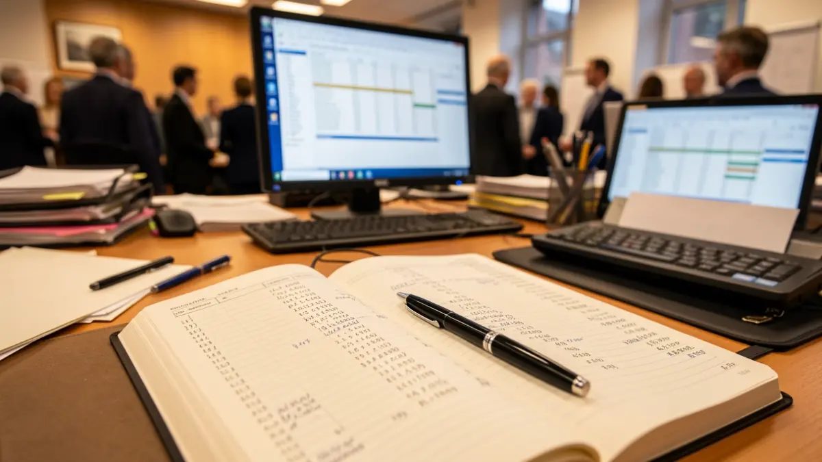 Image générique d'un livre de comptabilité ouvert avec un stylo, dans un bureau.