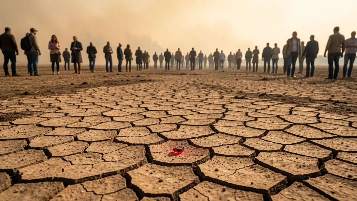 Terre craquelée sous un ciel brumeux, symbolisant le risque d'incendie.