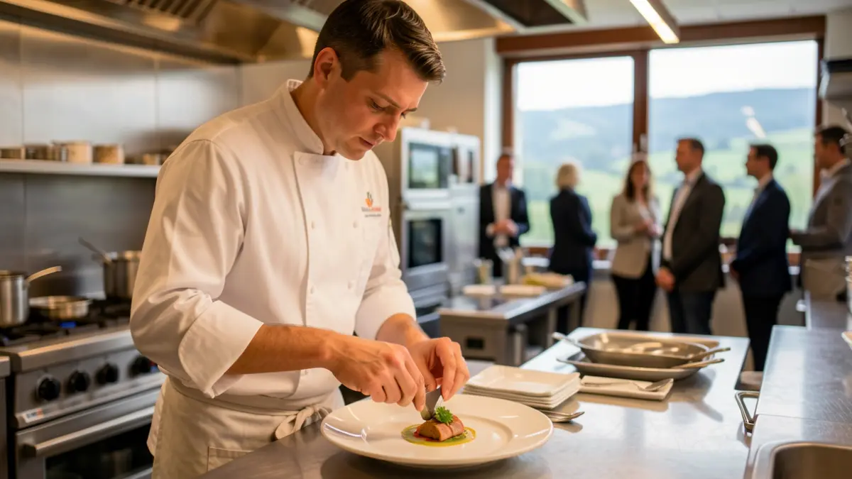 Un chef professionnel dresse un plat sophistiqué dans une cuisine moderne, avec un aperçu du paysage du Hainaut.