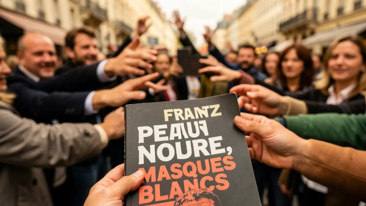 Cover of the book 'Black Skin, White Masks' by Frantz Fanon, with a blurred background of diverse hands reaching out, symbolizing unity and the fight against racism.