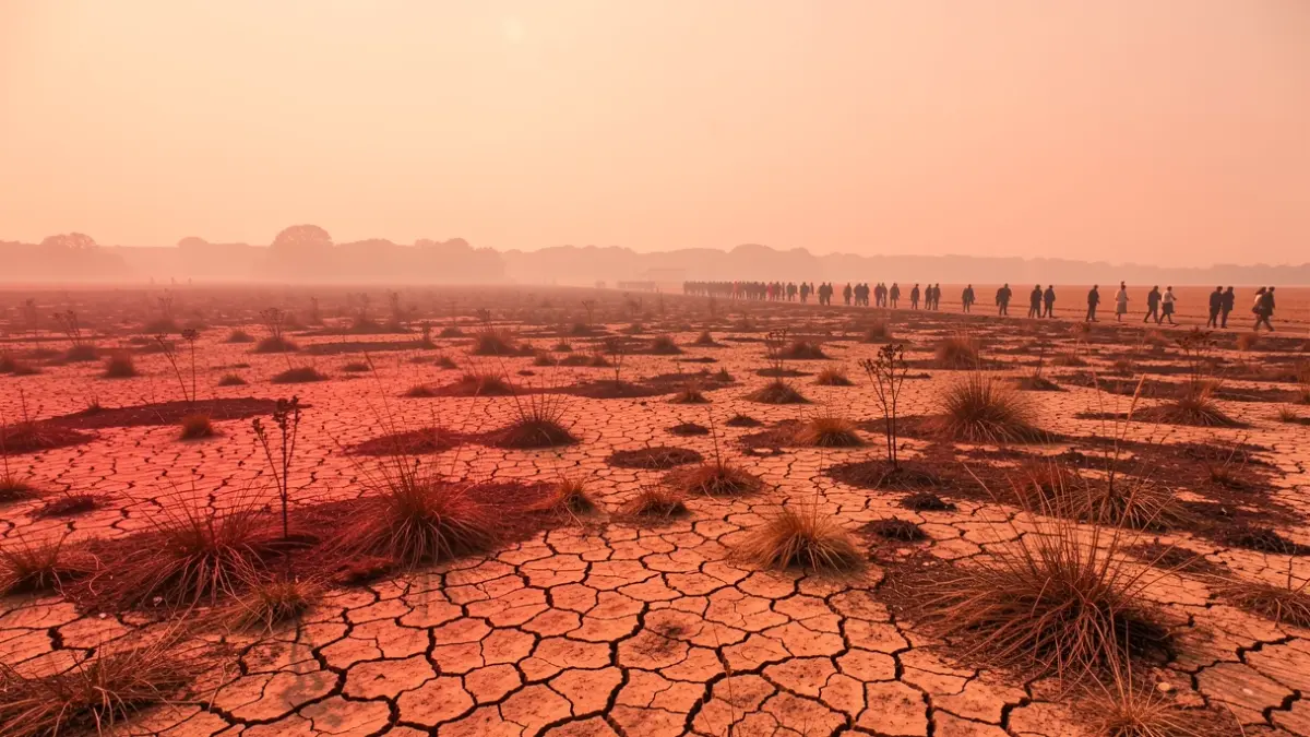 Paysage sec et venteux en province de Hainaut, Belgique, avec terre craquelée et végétation clairsemée sous un soleil brumeux et chaud. Tons rouges et orangés dominants.