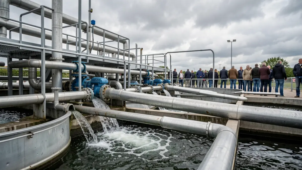 Generic image of an industrial wastewater treatment plant in Hainaut, featuring pipes and tanks under a cloudy sky.