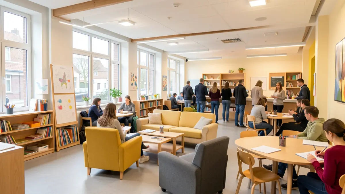 Intérieur moderne et lumineux d'une Maison des Jeunes et de la Culture à Couillet, Hainaut.