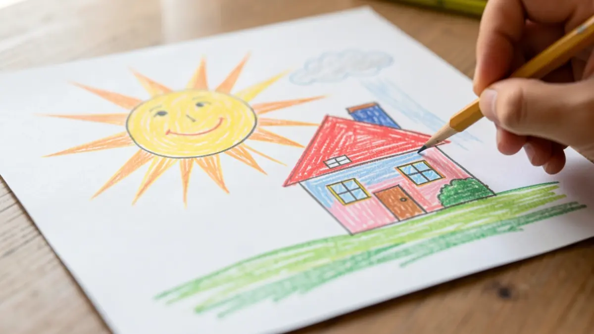 Image générique d'un dessin d'enfant représentant une maison et un soleil.