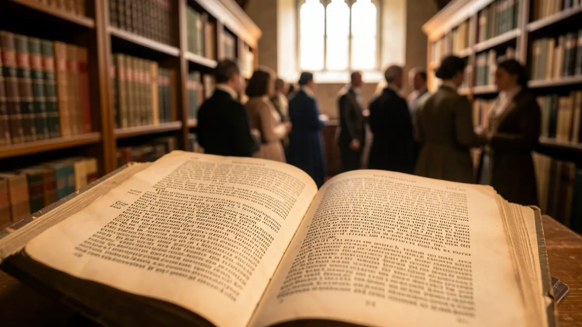 Image générique d'un livre ancien ouvert dans une bibliothèque monastique, éclairé par une lumière douce.