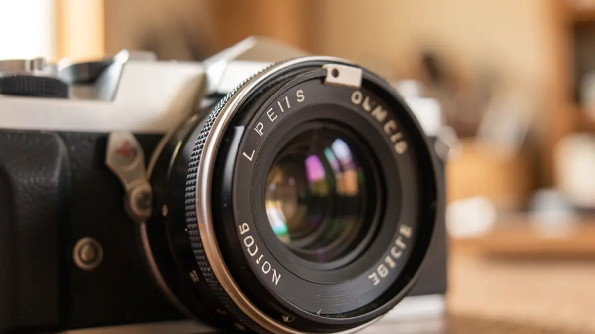 Close-up of a vintage Olympus camera lens with shallow depth of field and soft natural light.