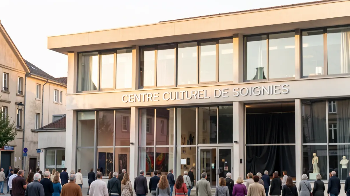 Façade du Centre Culturel de Soignies, un bâtiment moderne avec de grandes fenêtres et une signalétique, baigné par la douce lumière de l'après-midi. Style documentaire.