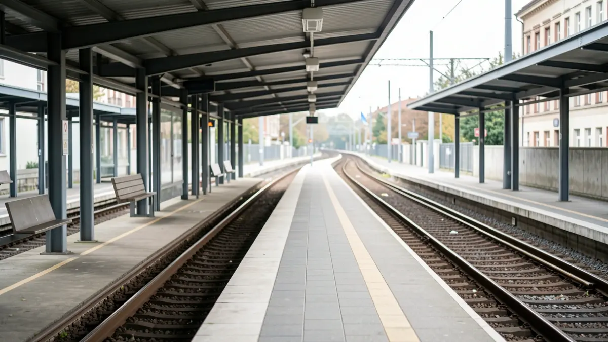 Generic image of an empty metro station in Charleroi, with tracks extending into the distance under a canopy. Soft daylight.