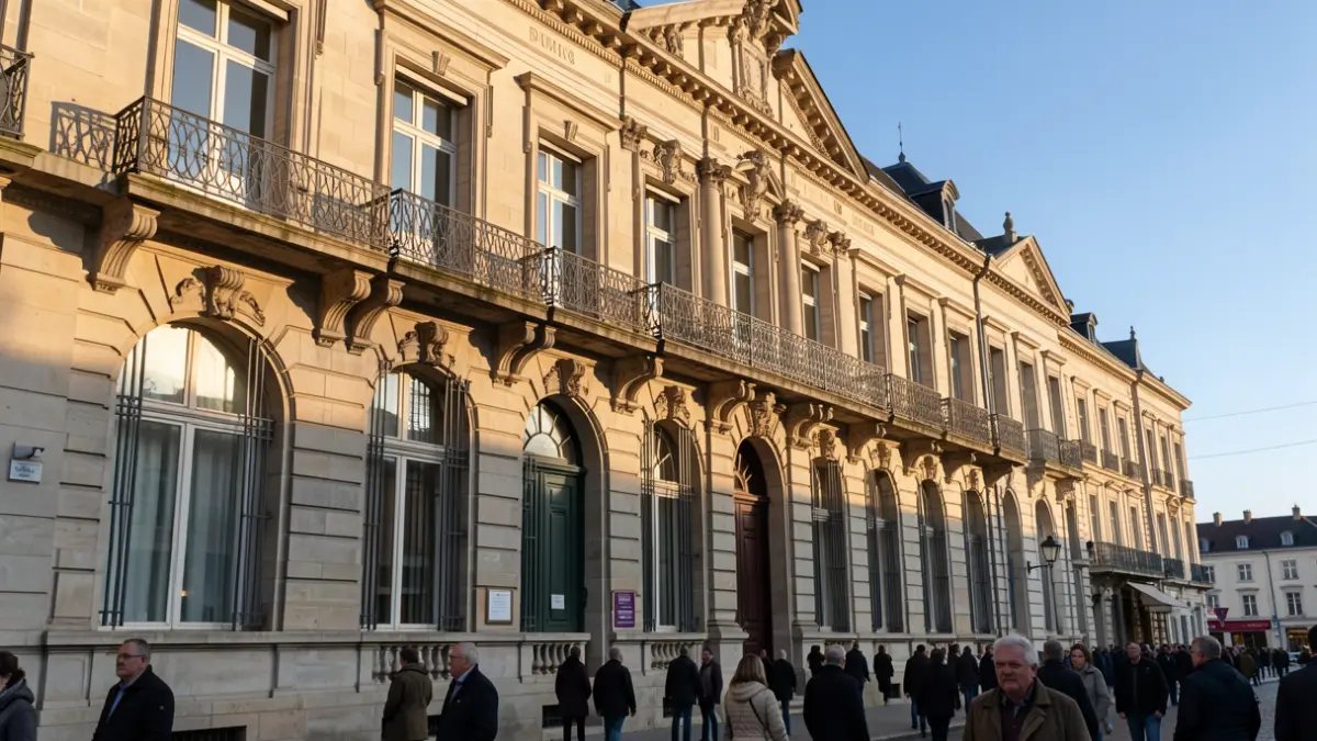 Façade en pierre du bâtiment administratif provincial du Hainaut à Mons, avec balcons ornés et rambardes en fer, baignée par la douce lumière du soleil d'après-midi. Ciel bleu clair.