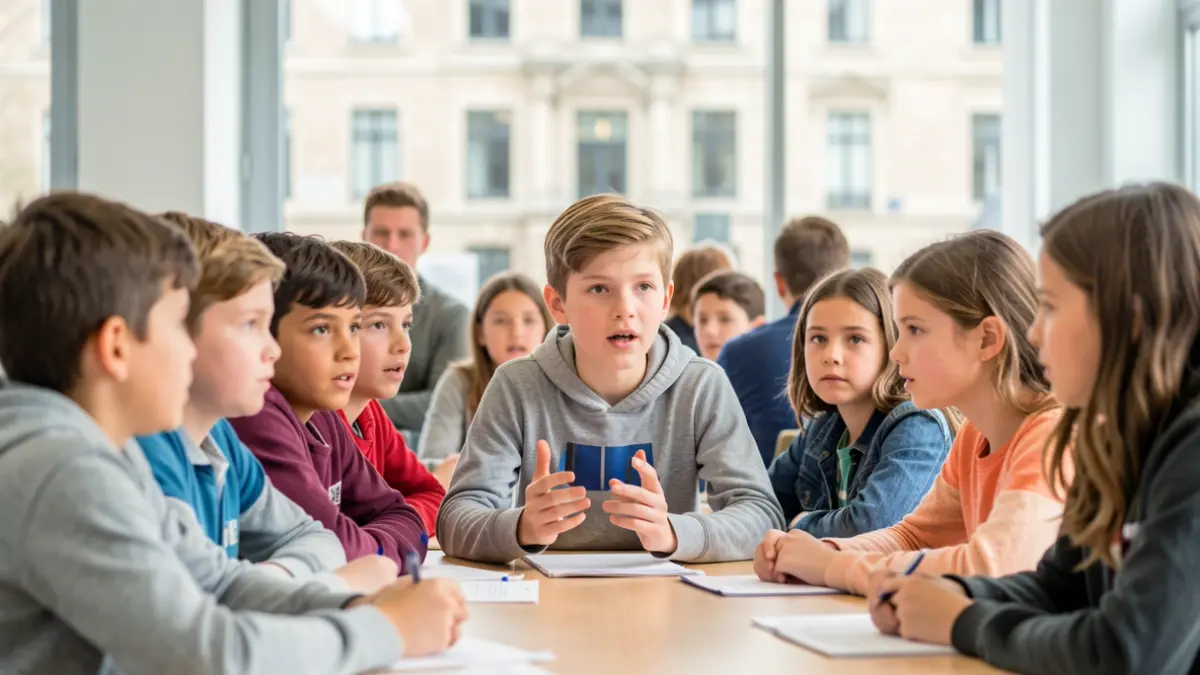 Image d'un groupe d'enfants conseillers communaux à Pecq, discutant autour d'une table dans une salle lumineuse.