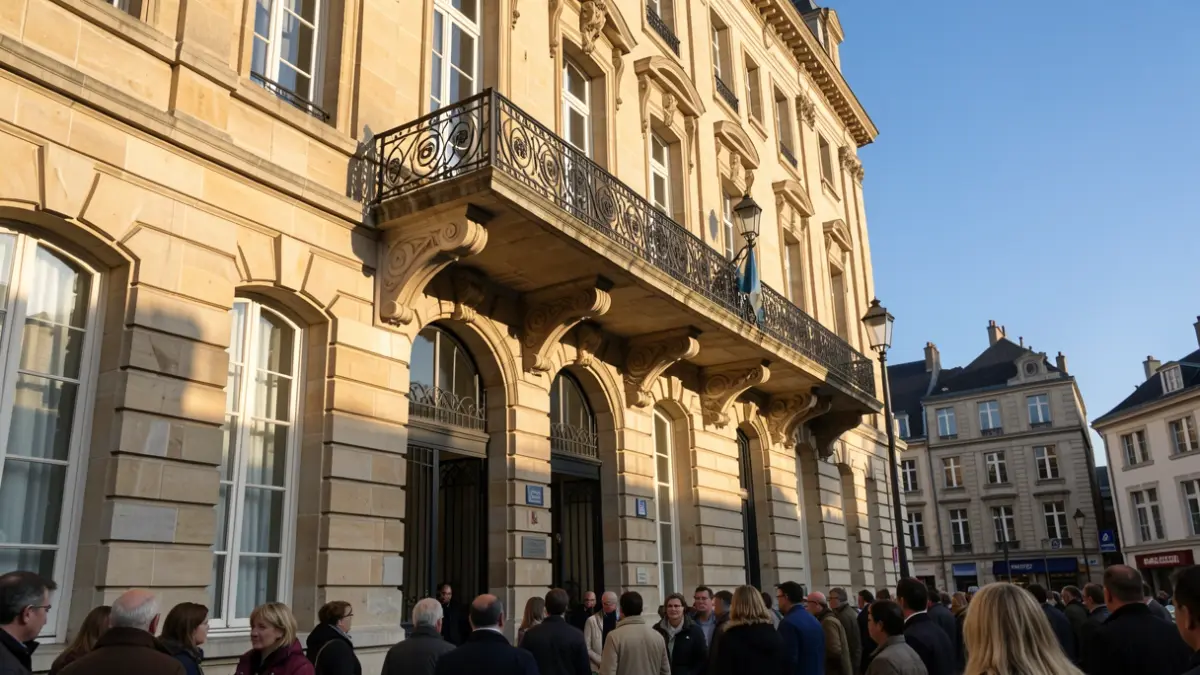 Façade en pierre d'un hôtel de ville du Hainaut avec balcon orné et balustrade en fer forgé, lumière chaude de l'après-midi.