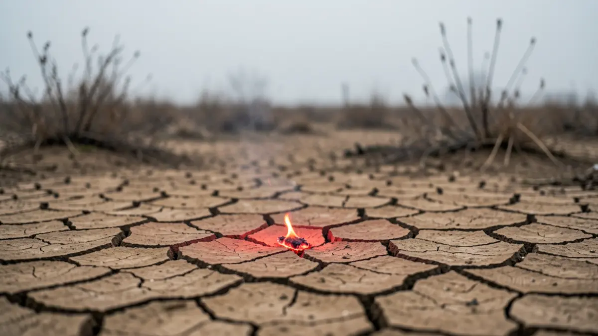 Image générique de risque d'incendie : terre craquelée et braise rougeoyante sous un ciel couvert.
