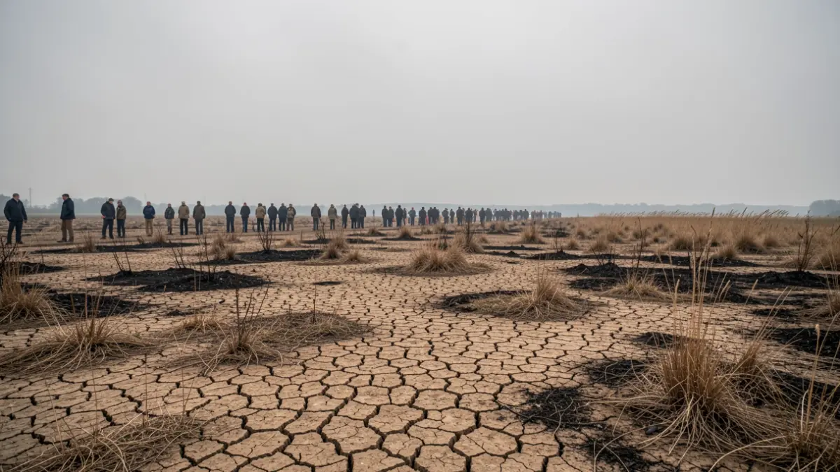 Paysage naturel sec en province de Hainaut, Belgique, avec terre craquelée et végétation sèche clairsemée sous un ciel brumeux et couvert. Ambiance tendue et sèche.
