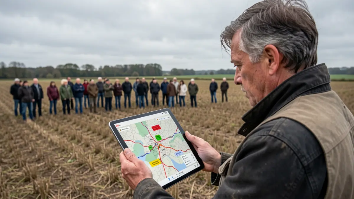Un agriculteur consulte une carte des zones sensibles sur sa tablette dans un champ du Hainaut sous un ciel couvert.