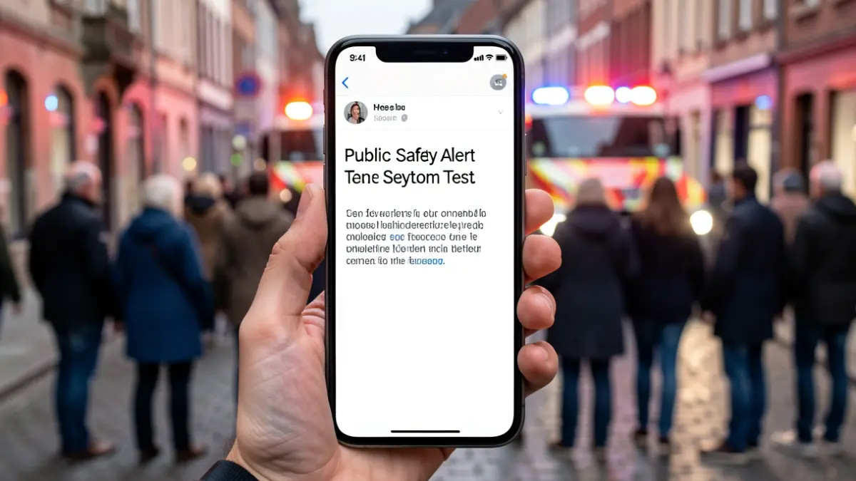 Image générique d'un smartphone affichant un message d'alerte test avec des lumières d'urgence floues en arrière-plan.