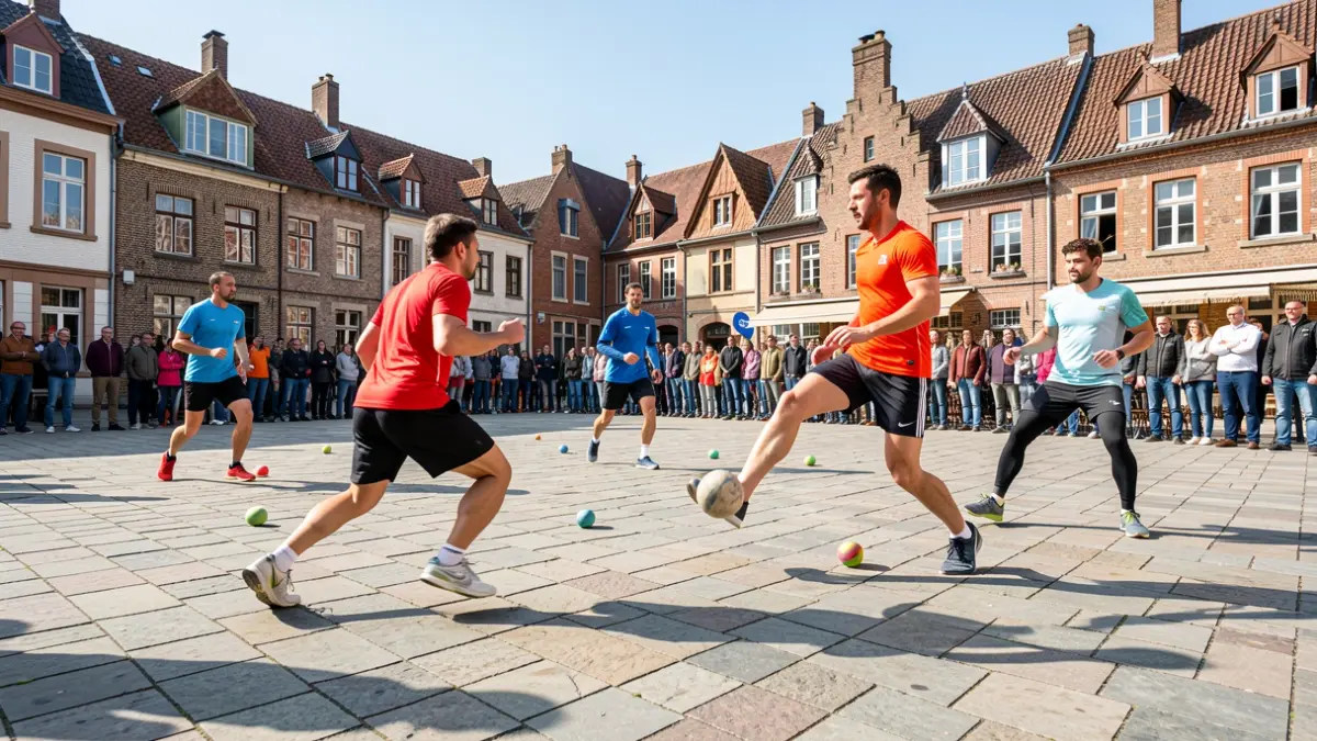 Image d'un tournoi de balle pelote à Écaussinnes, Hainaut, avec des joueurs en action sur la Place des Comtes.