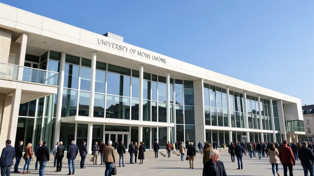 Facade of the University of Mons (UMONS) with a clear blue sky.