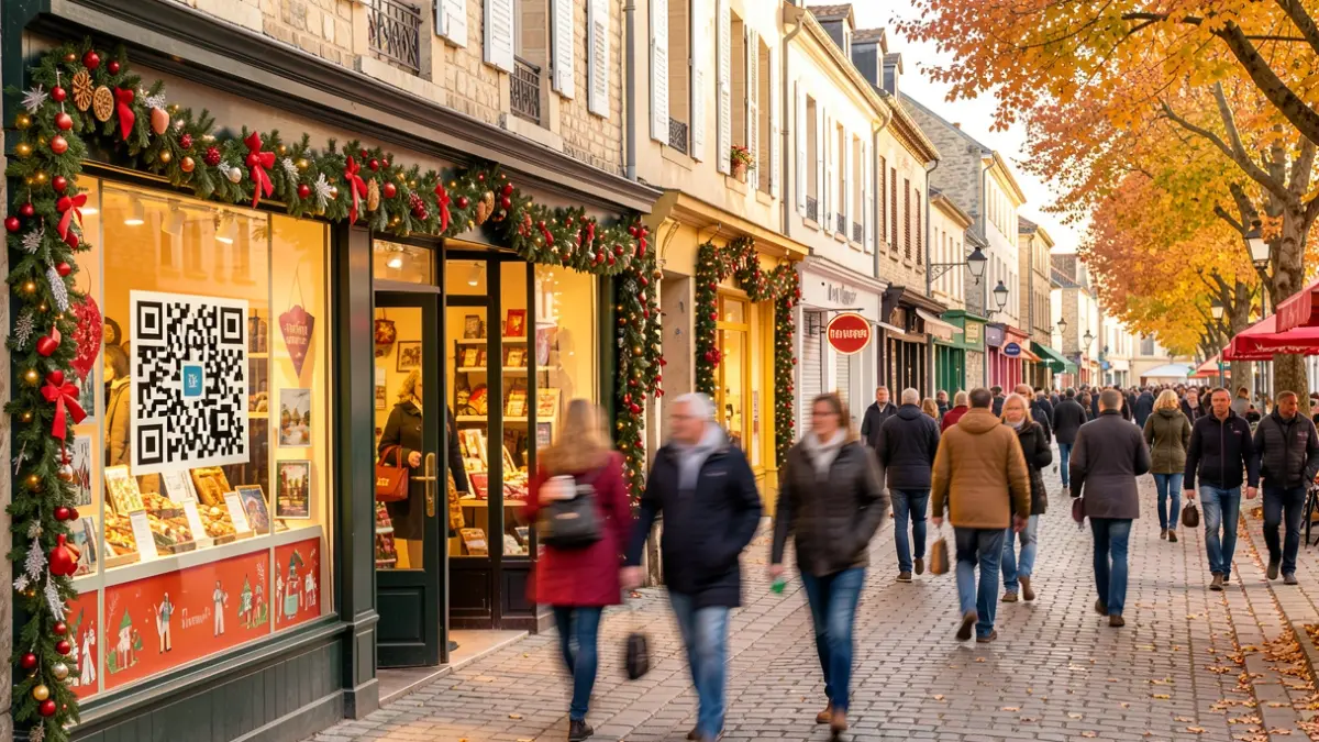 Lively street scene in Frasnes-lez-Anvaing during the 'Week-end du client' event, featuring decorated shops and shoppers.