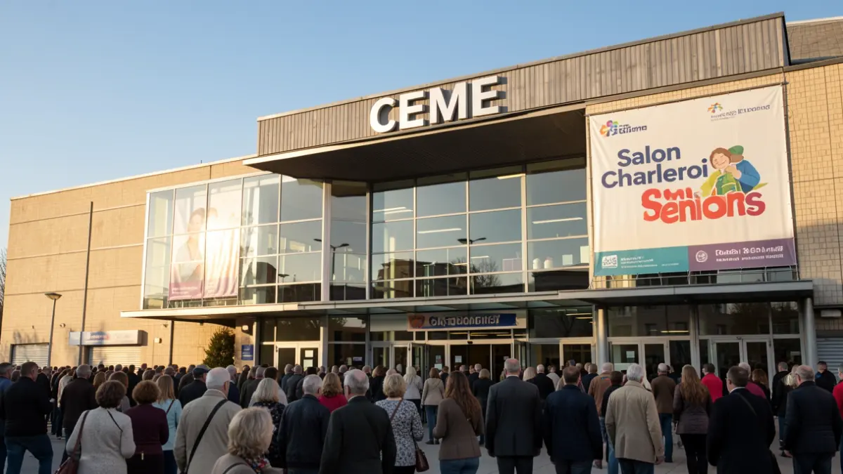 Façade du centre d'événements CEME à Dampremy, Charleroi, avec des bannières annonçant le 'Salon Charleroi Seniors', soleil d'après-midi chaud, ciel bleu clair.