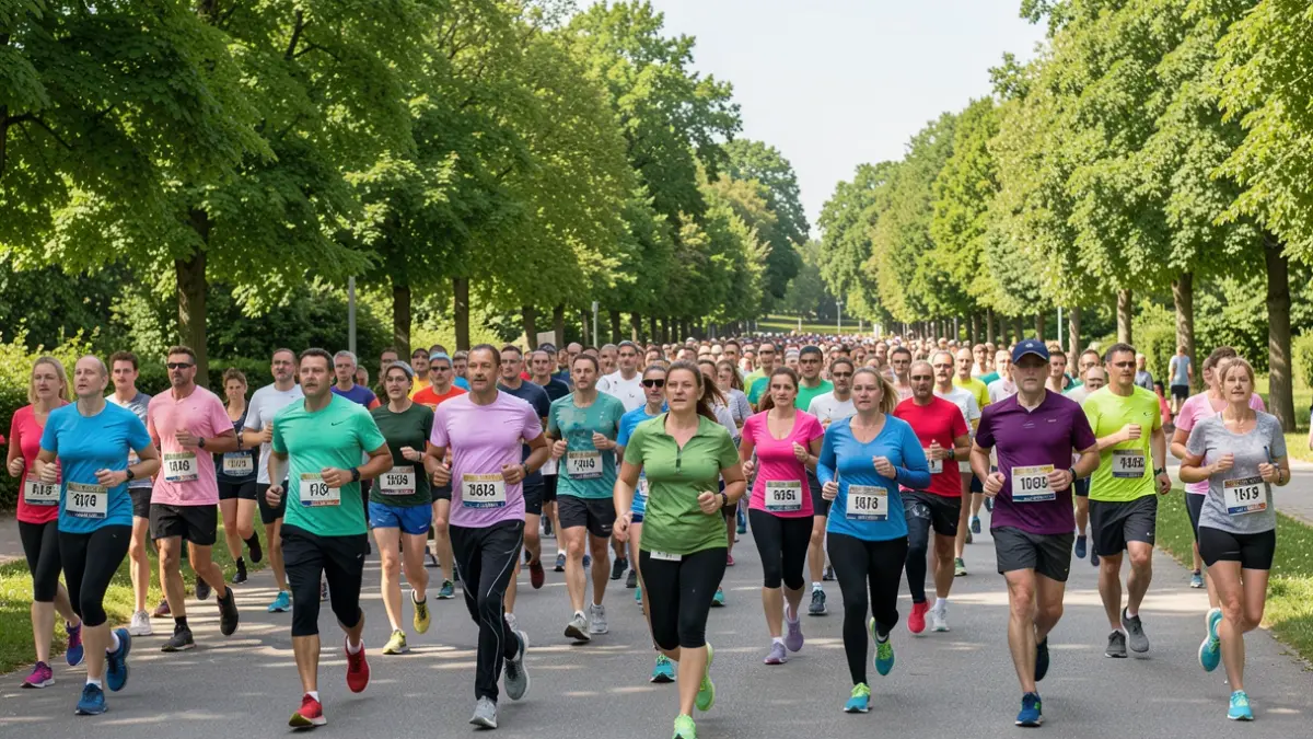 Image générique d'un groupe de personnes participant à une course ou marche solidaire dans un cadre verdoyant.
