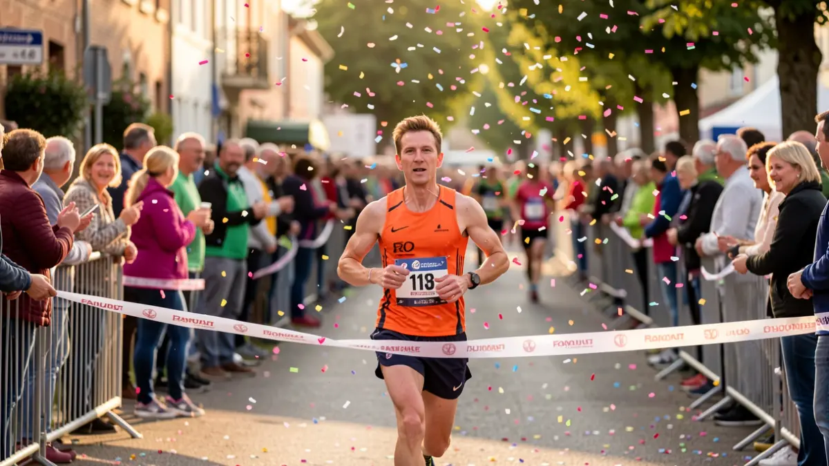 Image générique d'une course à pied festive avec des confettis et une foule en arrière-plan.