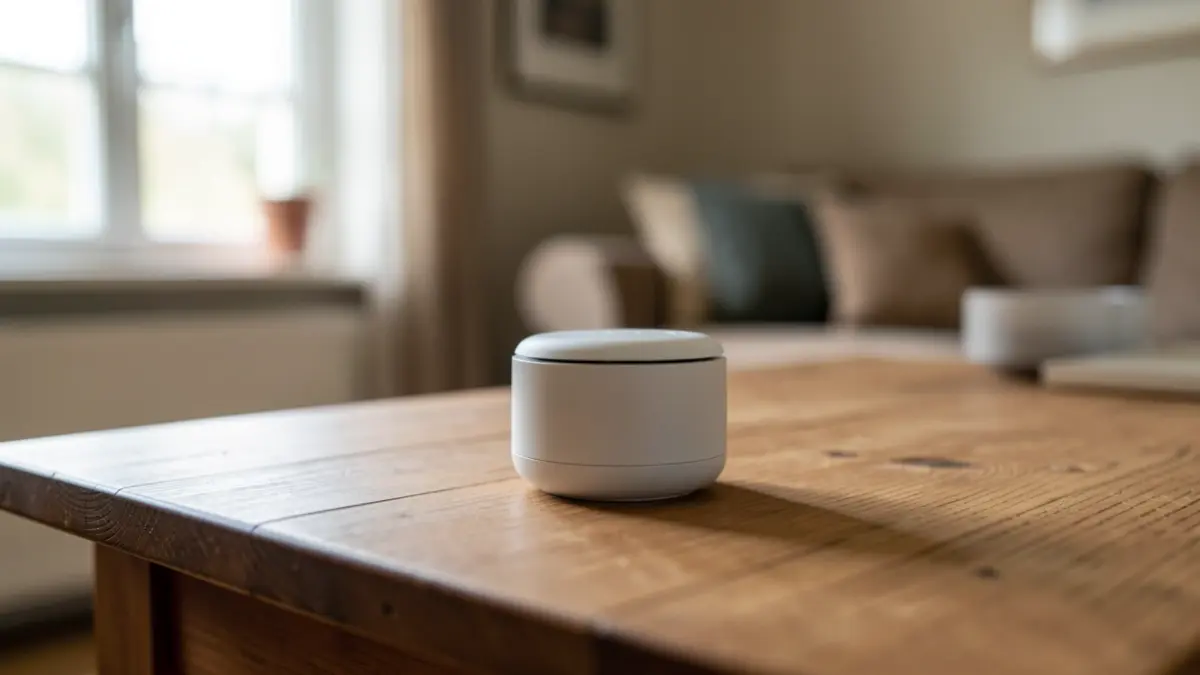 Close-up of a discreet radon detector placed on a wooden table in a living room, soft natural light.