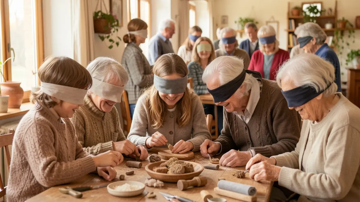 Image générique d'une activité sensorielle intergénérationnelle avec des enfants et des personnes âgées, les yeux bandés, découvrant des objets et des textures dans une ambiance chaleureuse. Français de Belgique.