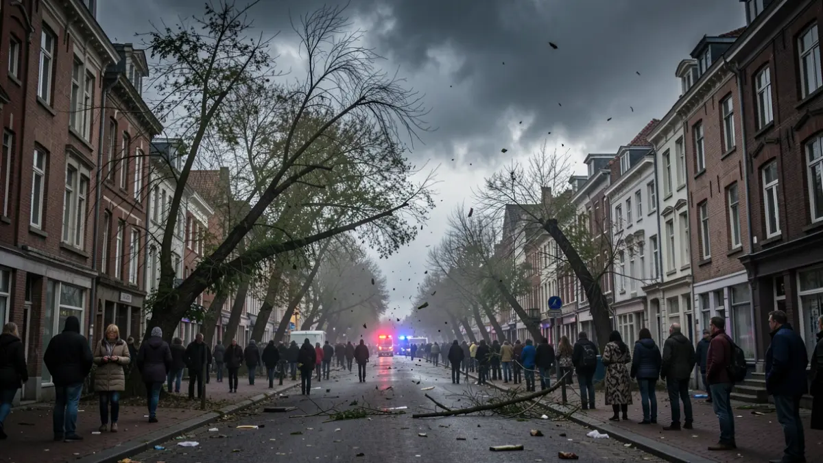 Generic image of a yellow alert sky with strong winds over a Belgian town, causing debris in the streets.