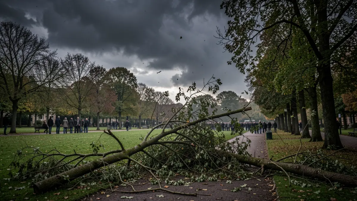 Generic image of strong winds and falling branches in a Belgian park, with dark clouds and dramatic lighting. No people visible.