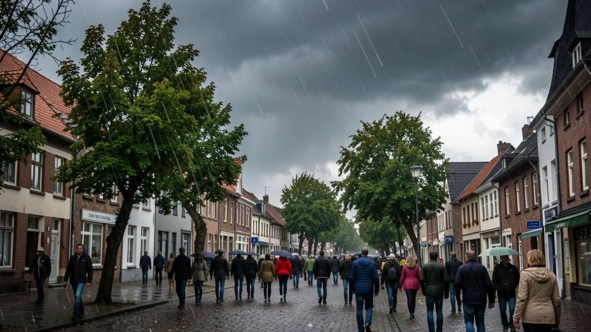 Generic image of stormy weather with strong wind gusts over a Belgian town, dark clouds, trees bending, rain streaks, documentary style.