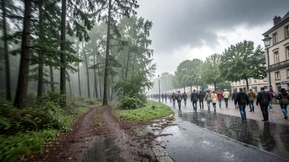 Generic image of extreme weather conditions affecting a forest path and a public square, with blurred trees and wet ground under an overcast sky.
