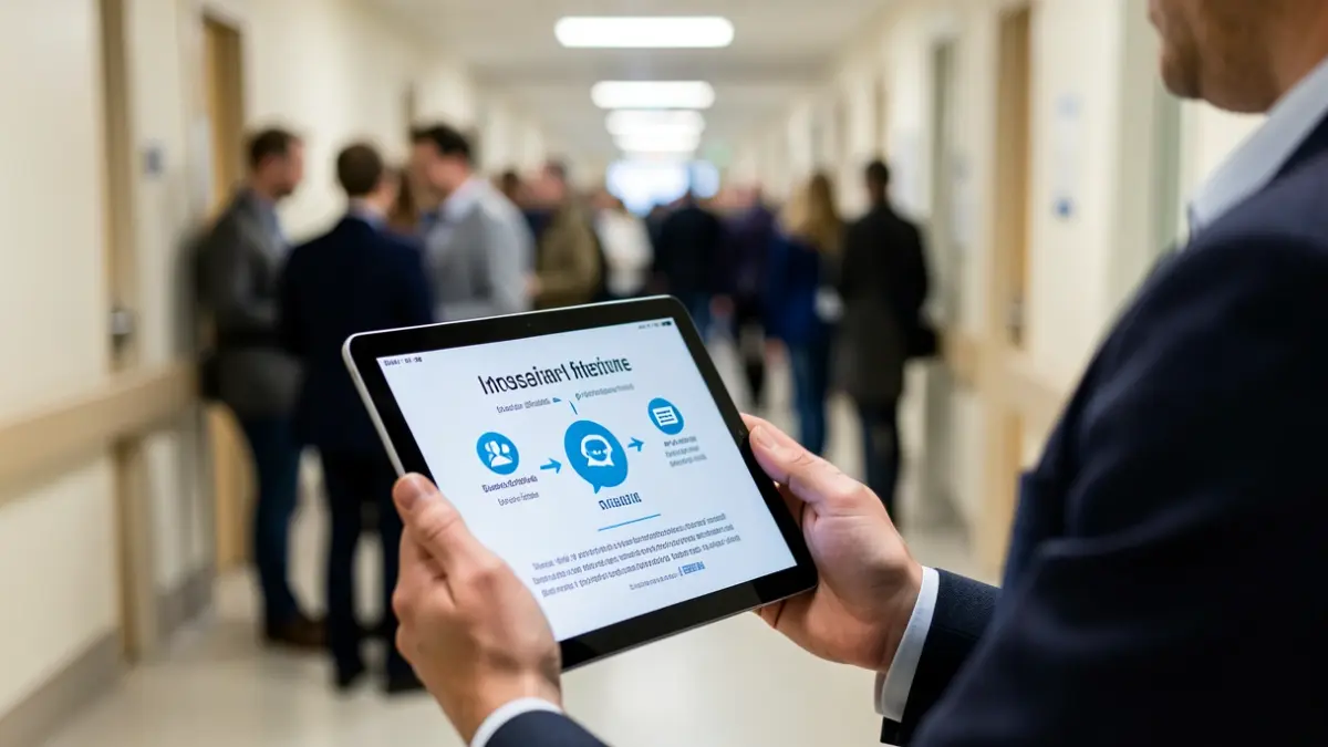 Generic image of hands holding a tablet displaying communication icons and text, with a blurred background of a hospital corridor. Soft, diffused lighting.