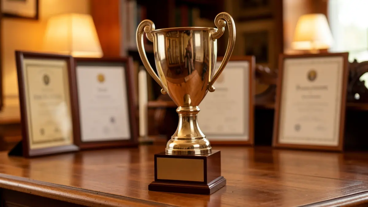 Image générique d'un trophée sportif sur un bureau, avec des certificats d'awards flous en arrière-plan. Lumière d'ambiance chaude.