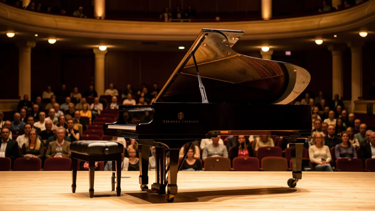 A Steinway D piano on stage, atmospheric lighting, blurred auditorium seats in the background.