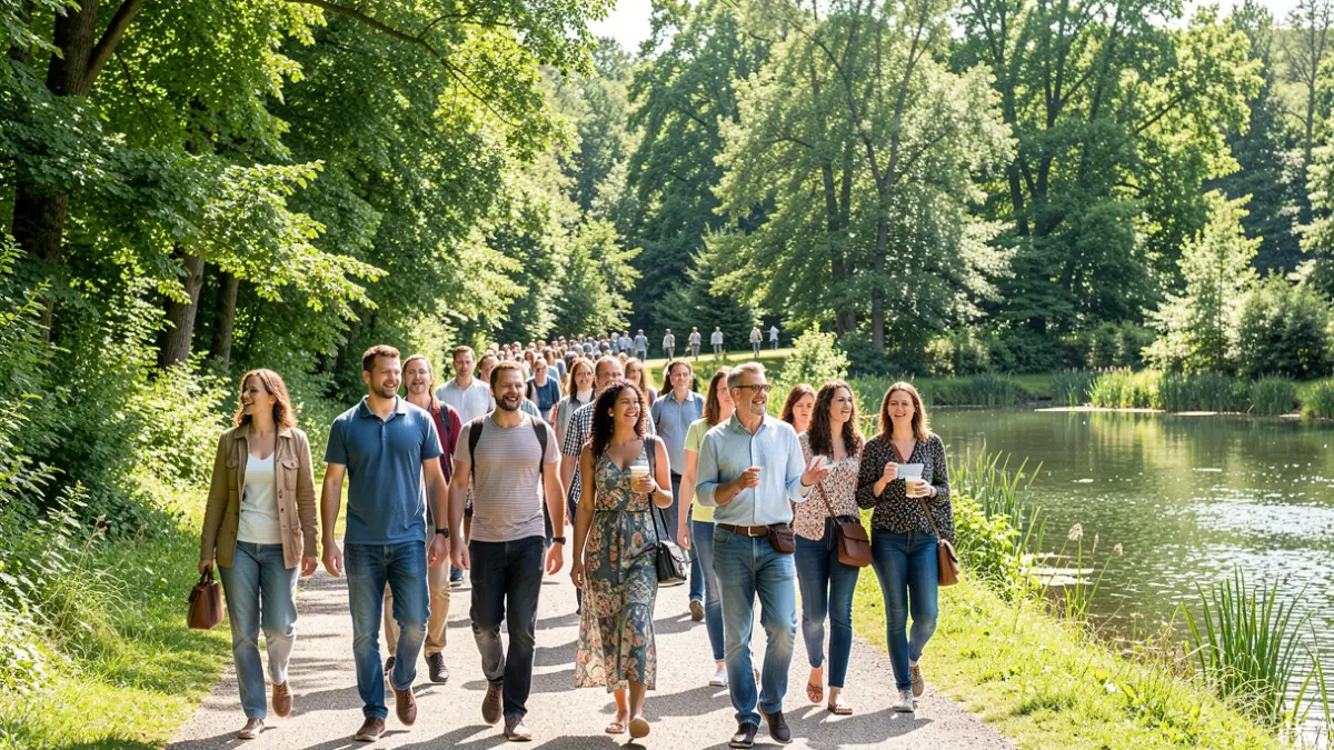 Generic image of an inclusive walk in a nature reserve with participants observing flora and fauna.