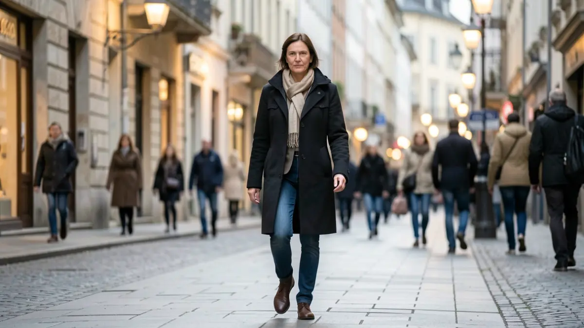 Generic image of a person walking on a sidewalk in a European town, with blurred buildings and streetlights in the background.