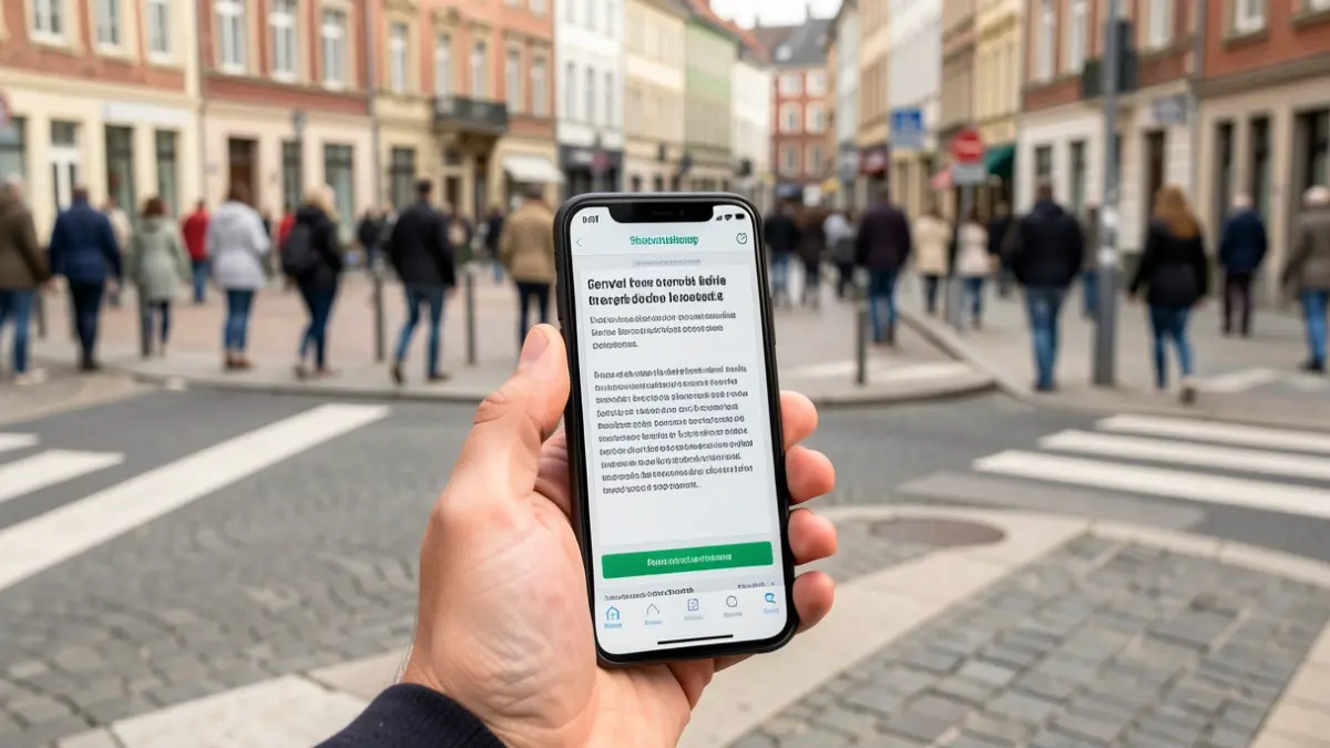 Hand holding a smartphone displaying a walking survey questionnaire, with a blurred background of Braine-le-Comte focusing on sidewalks and crosswalks.