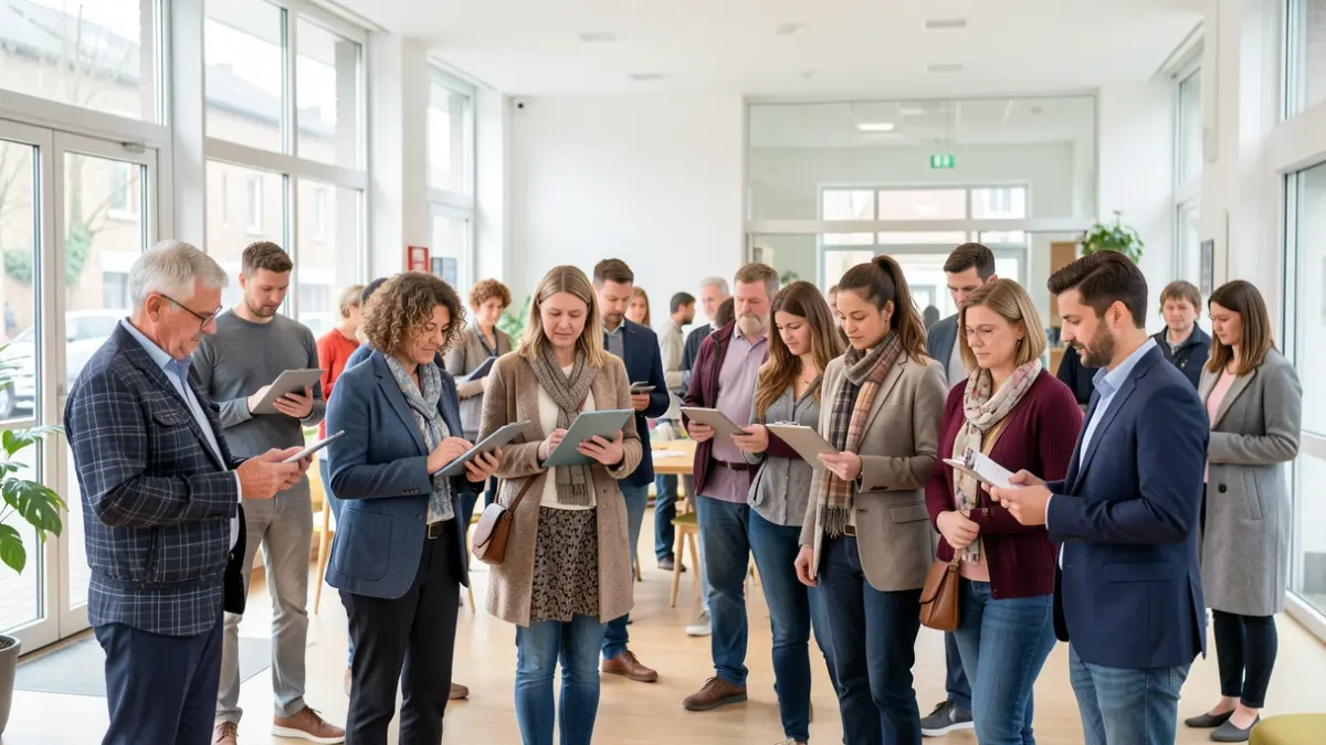 Image générique de personnes diverses participant à une enquête citoyenne, certaines tenant des tablettes ou des questionnaires, dans un cadre communautaire lumineux. Pas de noms propres, pas de faits spécifiques.
