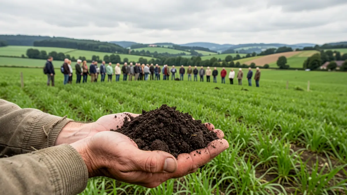 Main d'agriculteur tenant de la terre dans un champ verdoyant en Wallonie, sous un ciel couvert.