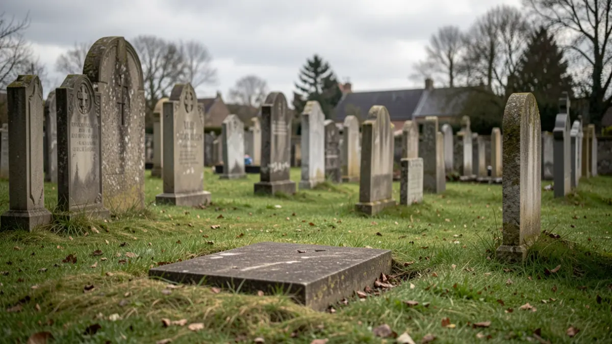Generic image of anonymous graves in a cemetery under overcast skies typical of the Hainaut region.