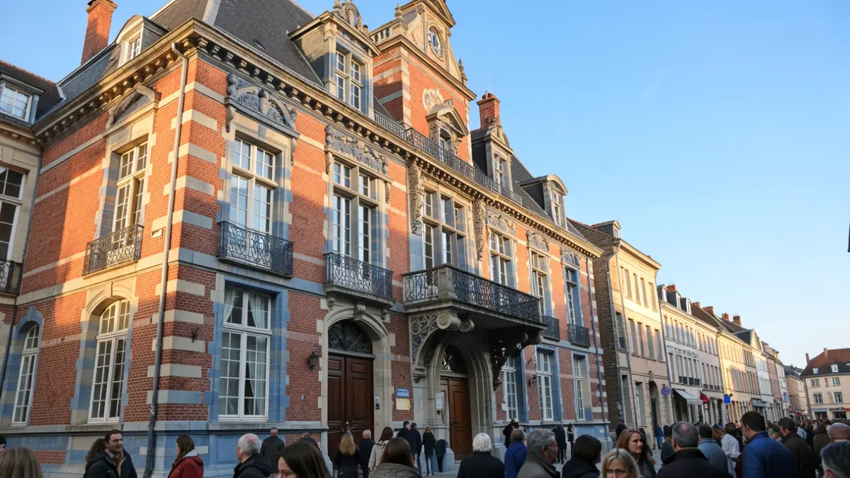Image générique de la façade d'un bâtiment communal en briques rouges et pierre bleue, sous un soleil d'après-midi.