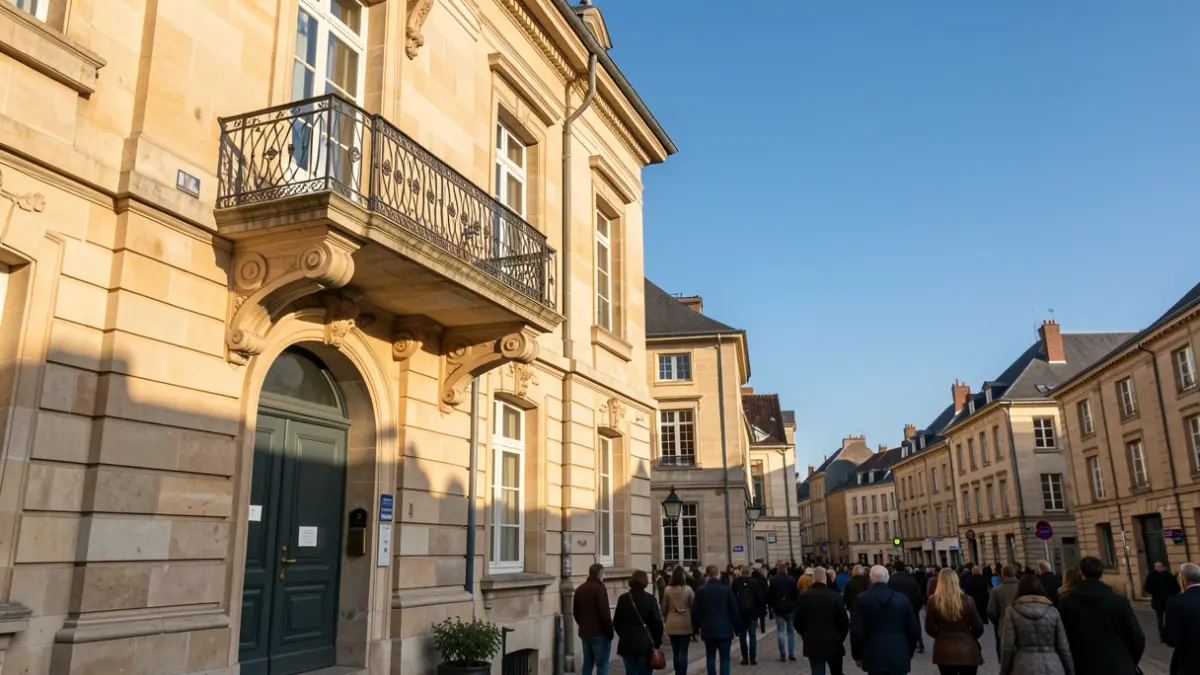 Image générique de la façade d'un bâtiment communal en pierre avec un balcon orné, sous un ciel bleu et un soleil d'après-midi.