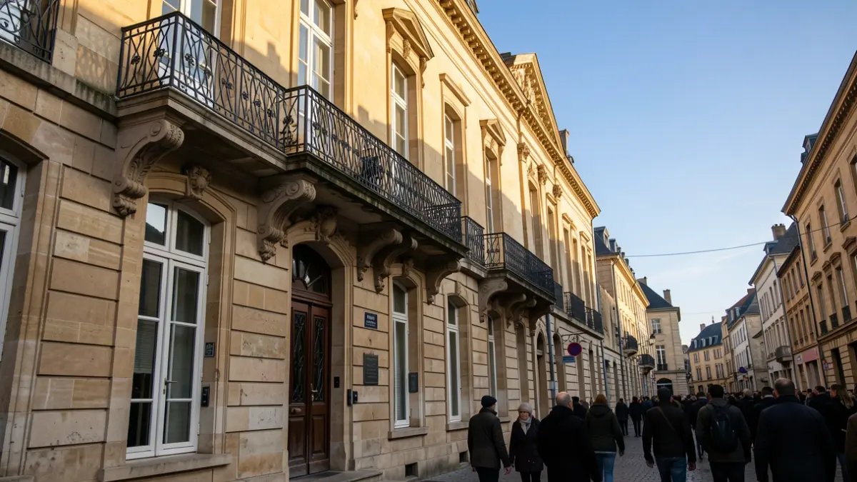 Image générique de la façade d'un bâtiment administratif en pierre de style hainuyer, avec un balcon orné et des balustrades en fer forgé, éclairée par le soleil d'après-midi.