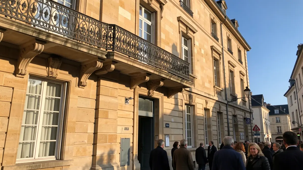 Generic image of a stone town hall facade with an iron balcony, under an afternoon sun.