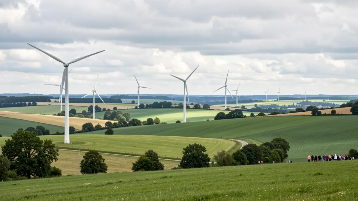 Three wind turbines in a Hainaut rural landscape under a cloudy sky, following a project modification.